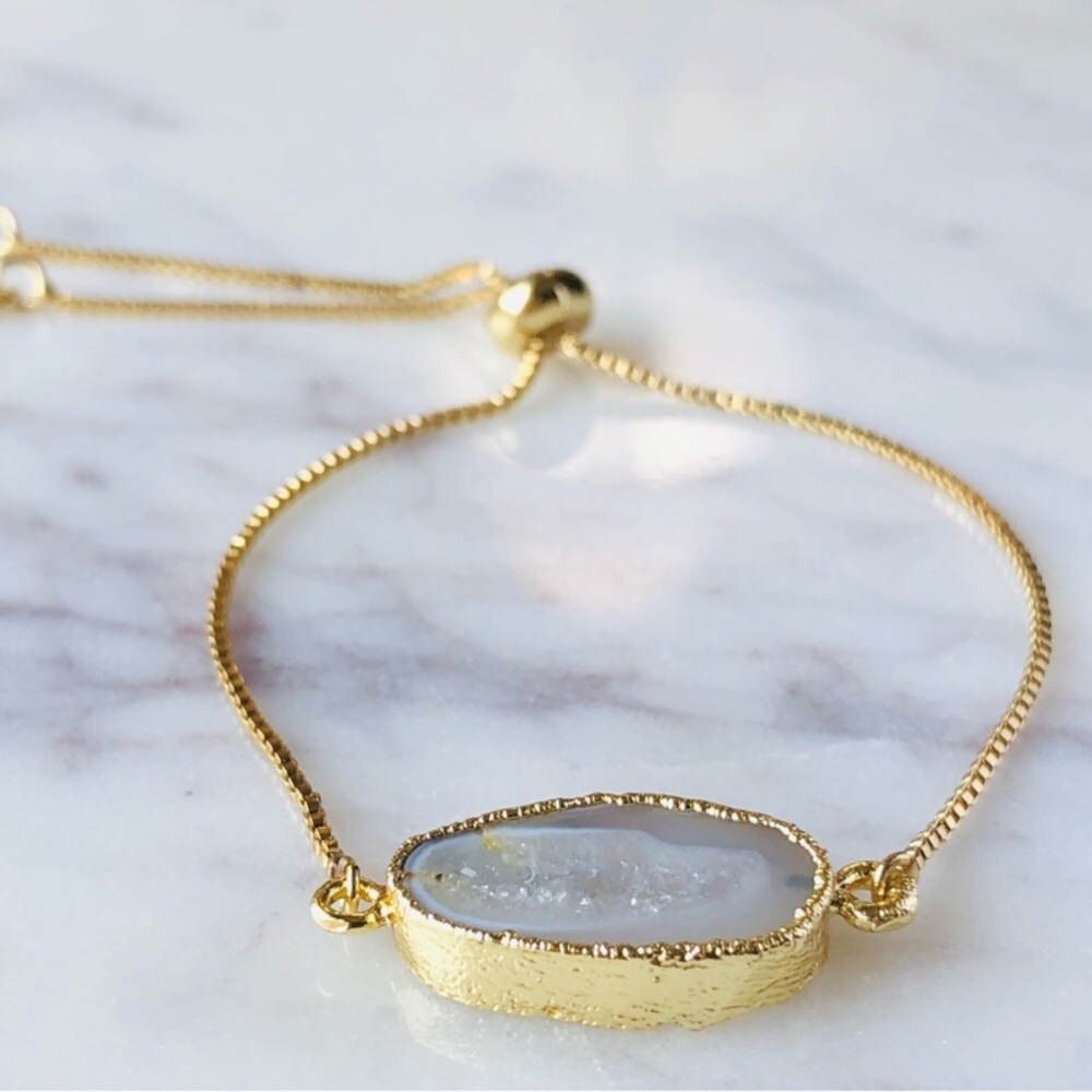 18K Gold Plated Cream Agate Slice CZ Diamonds Slider Bracelet